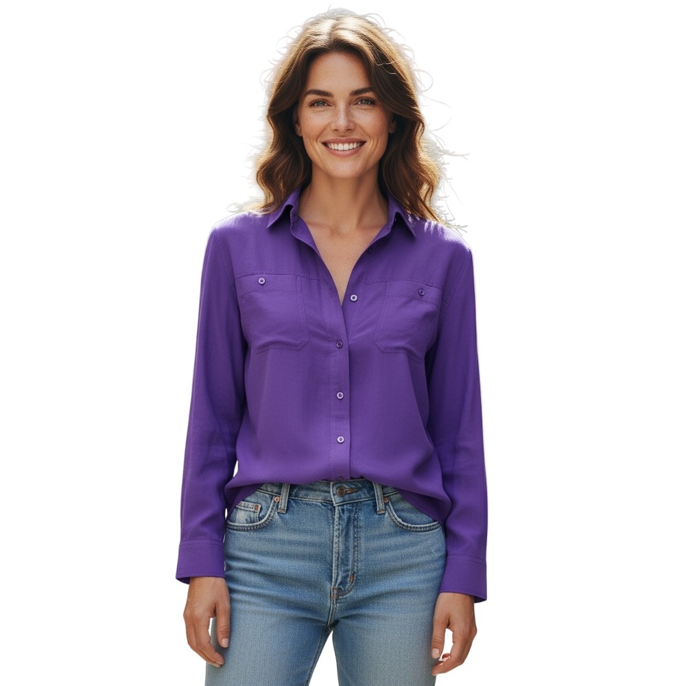 Silence + Noise Purple Button Down Silk Shirt XS Long Sleeve Collared Blouse Top